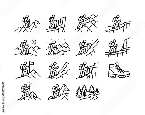 Extreme Hiking. Line icon set of Extreme Hiking: mountain ridge trail, steep cliff path, rock scrambling route, exposed narrow trail, high