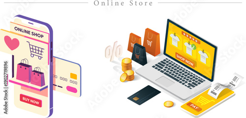 Modern Online Store and Digital Shopping Vector Isometric Smartphone and Laptop E commerce with Payment Icons