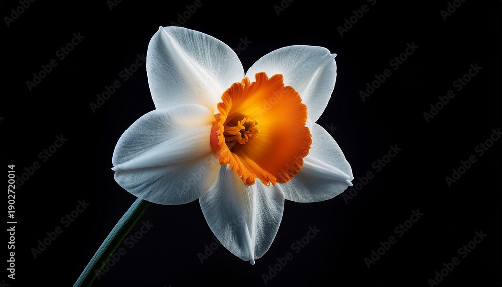 Fototapeta premium Close Up Of A Single Daffodil With White Petals And A Vibrant Yellow Orange Corona Isolated On Black