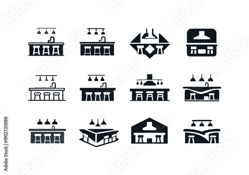Custom-built home features. Icon set. Set Logo of Custom-built home features: luxury kitchen island. harmonious logo variations of the same