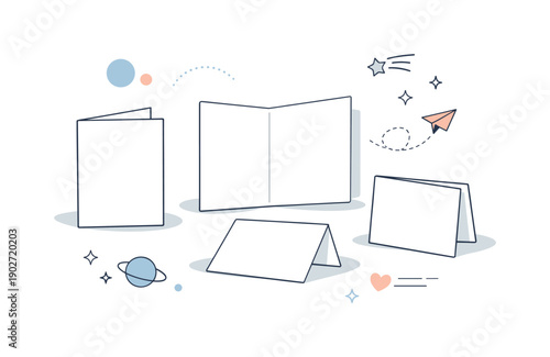 Greeting cards blank. A minimalist scene with blank greeting cards, some slightly open, combined with floating abstract elements suggesting