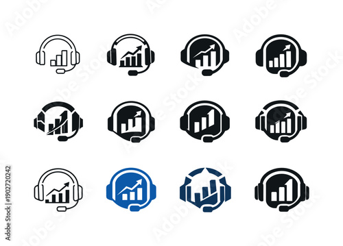 Esports analytics. Icon set. Set Logo of Esports analytics: headset with chart. harmonious logo variations of the same emblematic concept,