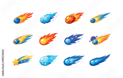 Comet. Colorful flat vector icons set of comet: blazing comet tail, icy nucleus, glowing space rock, comet streak, cosmic traveler, fireball