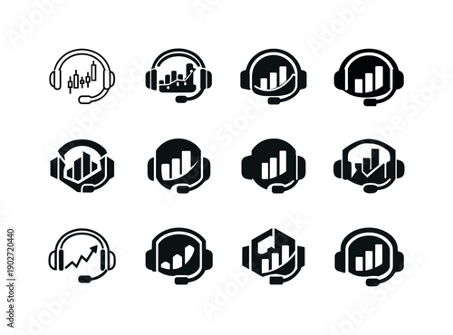 Esports analytics. Icon set. Set Logo of Esports analytics: headset with chart. harmonious logo variations of the same emblematic concept,