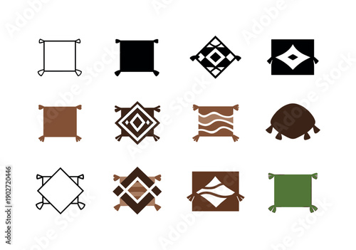 boho picnic aesthetics. Icon set. Set Logo of boho picnic aesthetics: picnic blanket with tassels. harmonious logo variations of the same