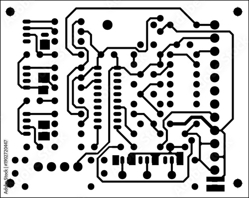 Tracing conductors of printed circuit board
of electronic device. Vector engineering technical
drawing. Pcb template. Electric background.
Computer technic cad design.