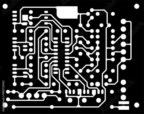 Tracing conductors of printed circuit board
of electronic device. Vector engineering technical
drawing. Pcb template. Electric background.
Computer technic cad design.