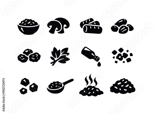 Savory Filling. Solid icon set of Savory Filling: seasoned mixture bowl, mushroom slices, sausage pieces, nut bits, dried cranberry, herb