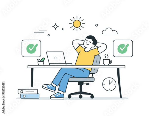 Balanced Productivity. Burnout recovery at work. A character seated comfortably at a desk with minimal tasks and soft check marks, showing balance and restored