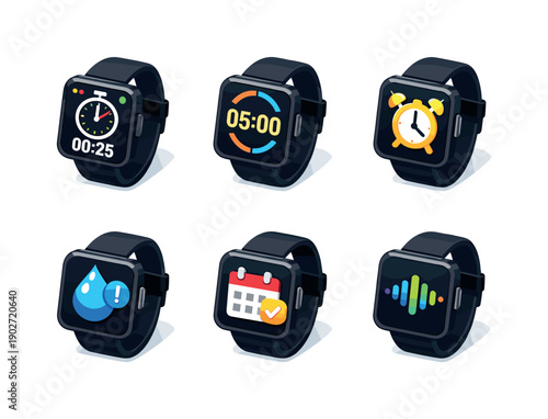 Smartwatch Icon Grid. Smartwatch functions. Isometric flat vector icons set of smartwatch functions: stopwatch display, timer countdown screen, alarm set