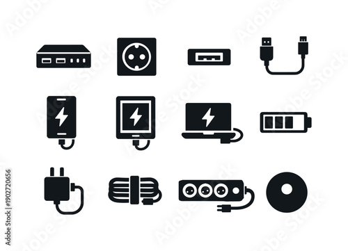 Setting up a charging station for devices. Solid icon set of Setting up a charging station for devices: charging station hub, power outlet,