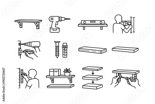 Installing Shelves. Line icon set of Installing Shelves: wall mounted shelf, drill and shelf, level tool shelf install, measuring for shelf,