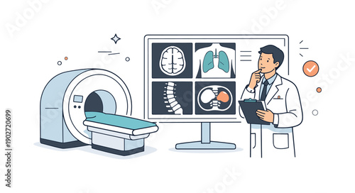 Medical imaging diagnostics. A doctor reviewing scan results on a large screen beside a simplified imaging device, expressing focused