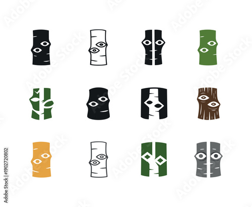 Aspen Logo Variations. Aspen. Icon set. Set Logo of Aspen: aspen tree trunk with eye-shaped scars. harmonious logo variations of the same emblematic concept,