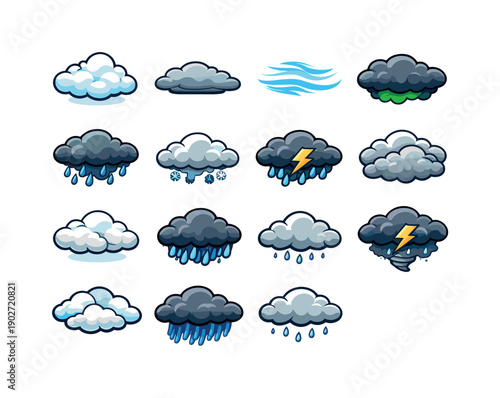 Colorful Cloud Icons. Weather Clouds. Colorful isometric vector icons set of Weather Clouds: cumulus cloud, stratus cloud, cirrus cloud, storm front cloud,