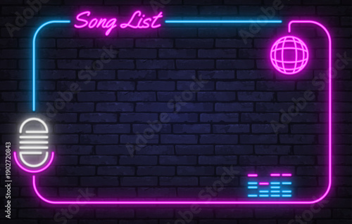 Neon vector frame featuring the text Song List with microphone and music elements. Ideal for karaoke menus, playlists, and entertainment screens.