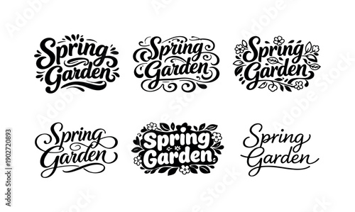 Spring Garden Lettering Styles. Spring garden hand drawn text. Set lettering. harmonious lettering variations of the same emblematic concept, each with