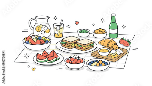 Summer picnic food. Fresh fruits, sandwiches, and drinks neatly arranged on a picnic blanket. The scene feels light, friendly, and perfect