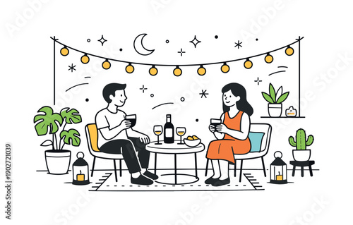 Cozy Summer Patio. Summer evening decor patio. A small patio with string lights, plants, and simple furniture prepared for an evening gathering. The