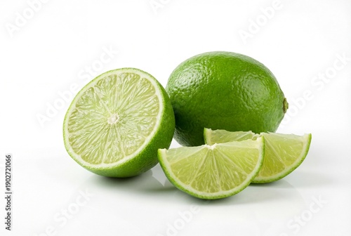 Fresh Green Lime Fruit with Half and Wedges on White