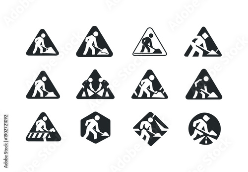 Road construction. Icon set. Set Logo of road construction: under construction sign. harmonious logo variations of the same emblematic