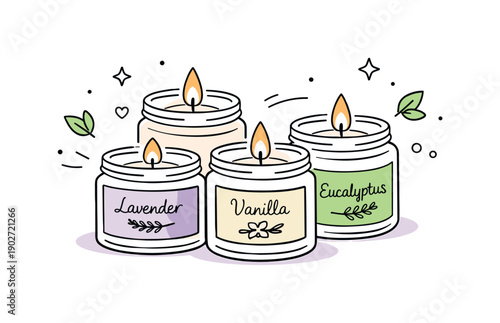 Calm Aromatherapy Candles. Aromatherapy candles. A calm arrangement of small candles in glass jars with gentle flame and herbal labels, expressing relaxation