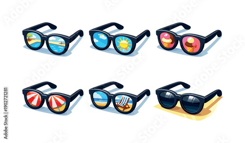 Summer reflections. Isometric flat vector icons set of summer reflections: sunglasses with pool view, bright sun in lens, ice cream