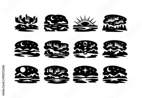 Arctic night sky. Solid icon set of Arctic night sky: polar lights sky, frozen night horizon, arctic glow, snowfield night lights, icy