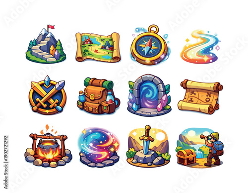 Mythical adventure. Colorful isometric vector icons set of mythical adventure: hero path, magical map, enchanted compass, glowing trail,