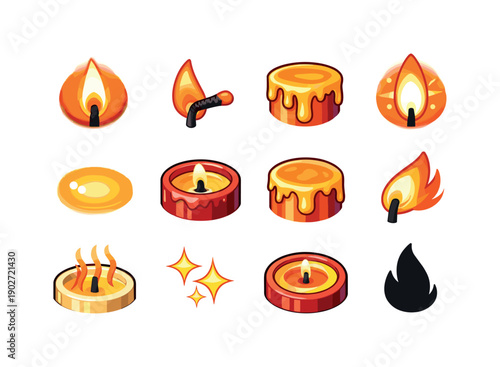 Candle Close-Up. Colorful isometric vector icons set of Candle Close-Up: macro flame view, wick burning detail, molten wax edge, flame core