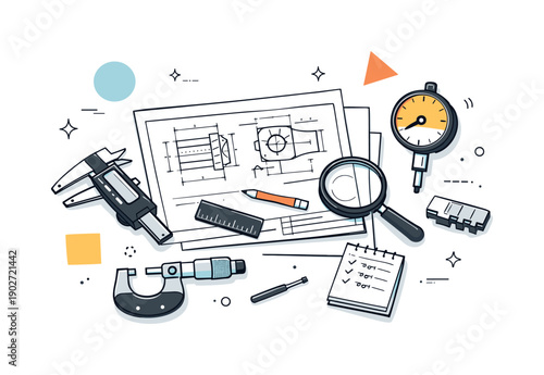 Precision Workspace. Engineering measurement workspace. Precision measuring tools laid out beside technical drawings, suggesting careful analysis and design