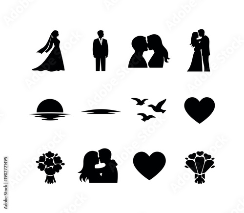 Love Icons at Dusk. Love couple at dusk. Solid icon set of love couple at dusk: bride silhouette, groom silhouette, couple kiss, couple hug, sunset sun, fading