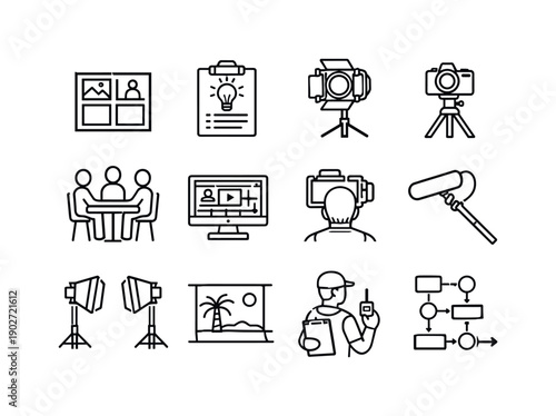 Creative Workflow Icons. Creative Industry Workflow. Line icon set of Creative Industry Workflow: storyboard, creative brief, studio light, camera on tripod,