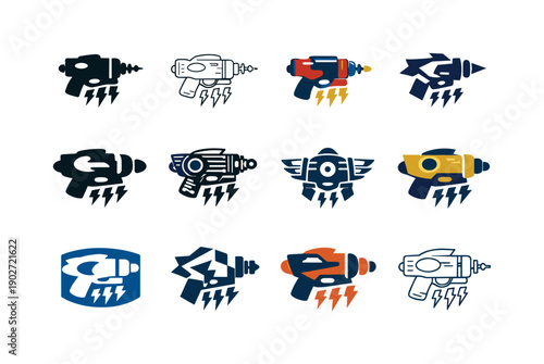 retro-futuristic machines. Icon set. Set Logo of retro-futuristic machines: raygun-powered engine. harmonious logo variations of the same