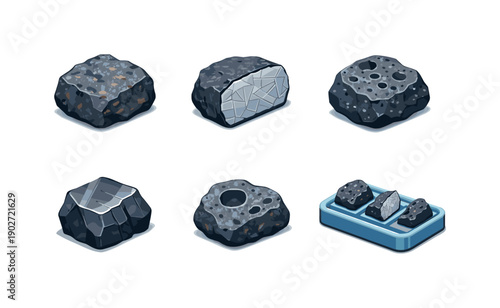 Asteroid Icon Grid. Asteroid Fragment. Isometric flat vector icons set of Asteroid Fragment: raw meteorite sample, iron-nickel meteorite cut, pitted rock face,