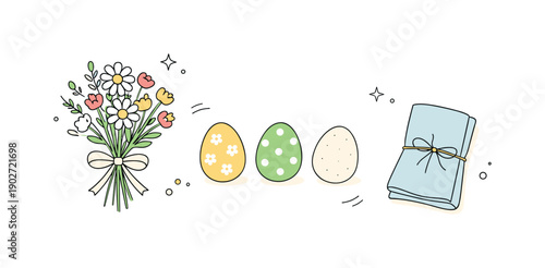 Spring Renewal Aesthetic. Seasonal spring flat lay. Fresh decor items like wildflower bouquet, decorative eggs, and a linen napkin placed in a soft visual
