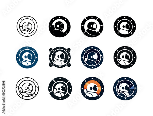 Astronaut Porthole Logos. Astronaut window. Icon set. Set Logo of Astronaut window: circular spaceship porthole. harmonious logo variations of the same