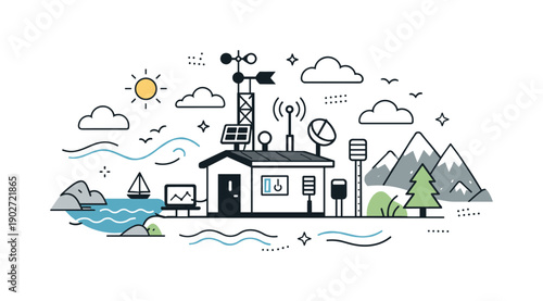Weather monitoring stations. Station placed near mountains or coastline, quietly collecting environmental data. Peaceful atmosphere, nature