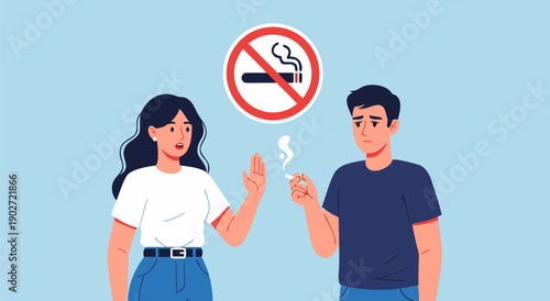 No Smoking Sign Vector Illustration A Woman Stops a Man from Smoking with a Stop Gesture and Crossed Out Cigarette Symbol