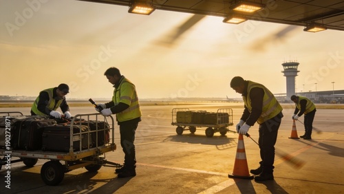 Airport ground crew at sunrise on apron, workers in safety vests handling baggage carts and cones, busy logistics workflow, travel season operations mood