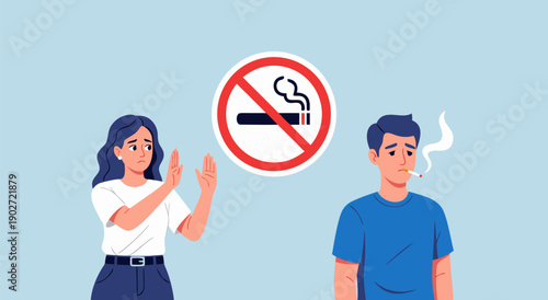 Vector illustration of a woman gesturing to stop a man smoking, symbolizing anti-smoking campaign and health awareness
