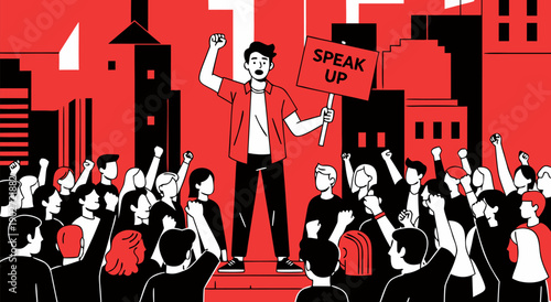 A vibrant vector illustration of a protest, with a speaker holding a sign that says 'Speak Up' amidst a crowd of people