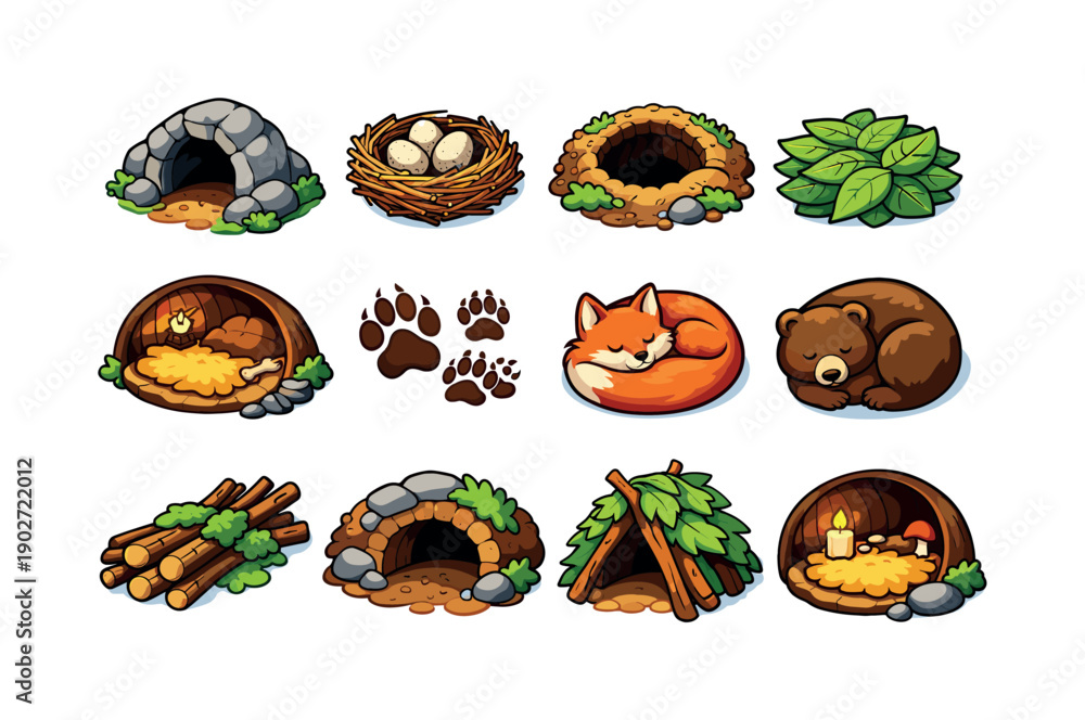 Fototapeta premium Animal den. Colorful isometric vector icons set of Animal den: cave entrance, cozy nest, burrow hole, soft leaves, den inside view, animal