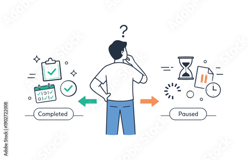 Paused workflow and decision point. A character standing between completed tasks and paused tasks, indicated by simple icons. The mood