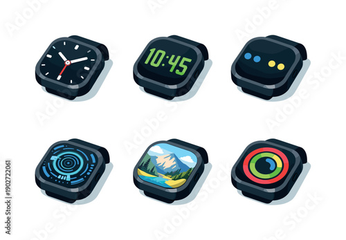 Diverse Watch Faces. Watch face styles. Isometric flat vector icons set of watch face styles: analog dial screen, digital numeric screen, minimal dot time