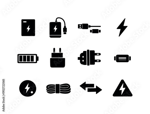 Portable charging solution. Solid icon set of Portable charging solution: power bank, portable charger, USB cable, fast charging bolt,