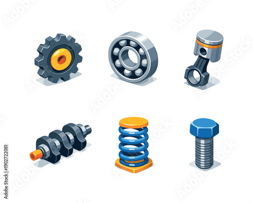 Mechanical components. Isometric flat vector icons set of mechanical components: gear wheel, ball bearing, piston, crankshaft, compression