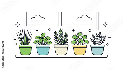 Herb pots on windowsill. A tidy row of herb pots arranged symmetrically, creating a balanced and soothing composition. The illustration
