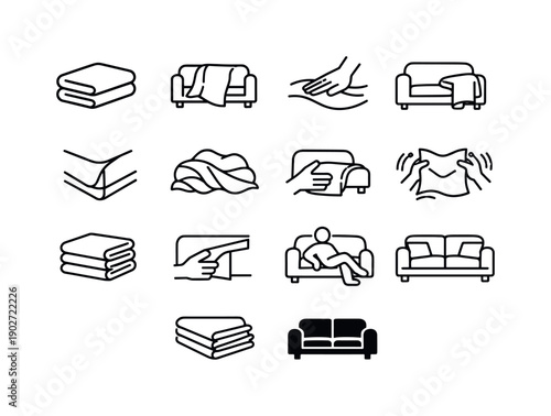 Couch Blanket Icons. Adjusting a Blanket on the Couch. Line icon set of Adjusting a Blanket on the Couch: folded blanket, draped blanket, hand smoothing