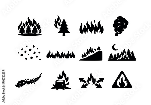 Forest Fires. Solid icon set of Forest Fires: blazing forest, pine tree fire, flame wall, smoke plume, ash fall, fire line, burning hillside,